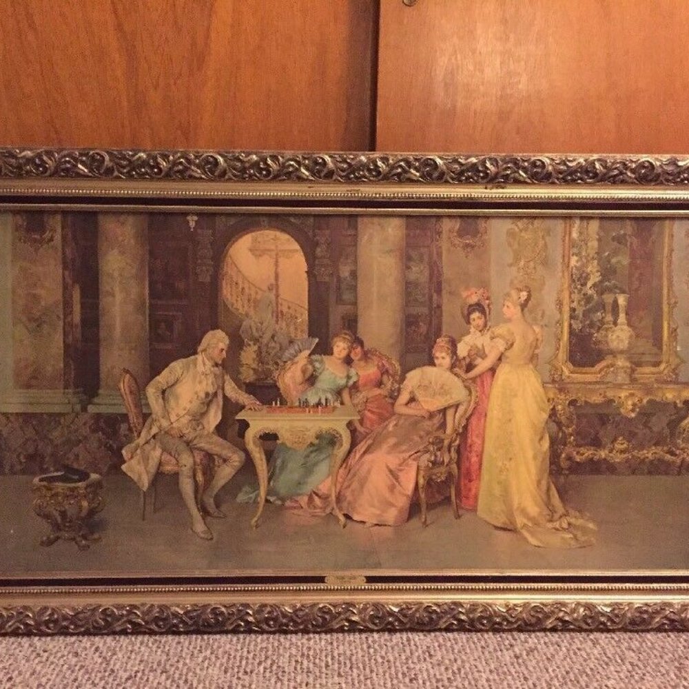 FRANCESCO BEDA "The Chess Game" Vtg Framed Litho on Textured Board 52" x 29